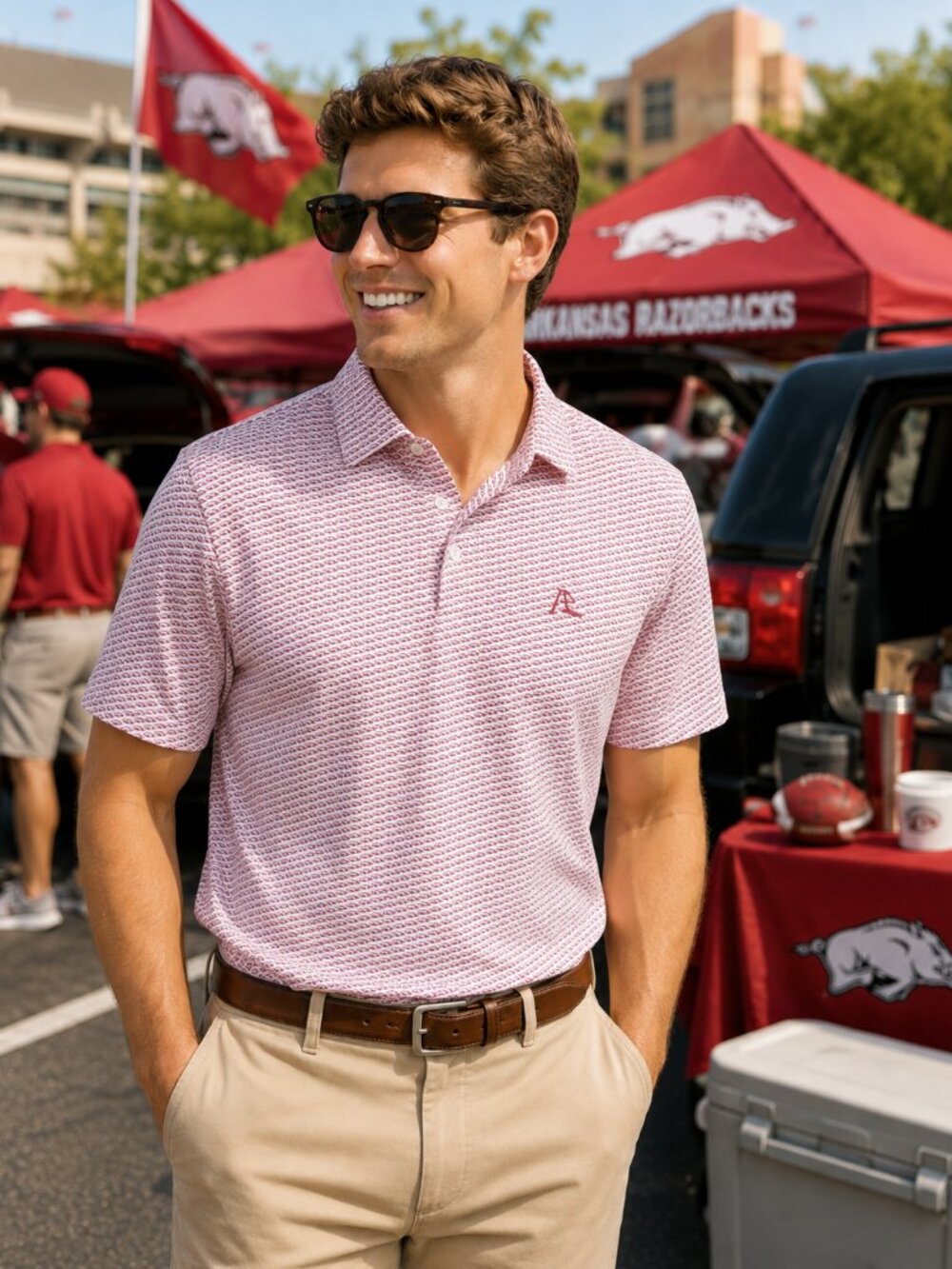 Rhoback Arkansas Wooo Pig Collegiate Polo White Carmine Red | Size XL